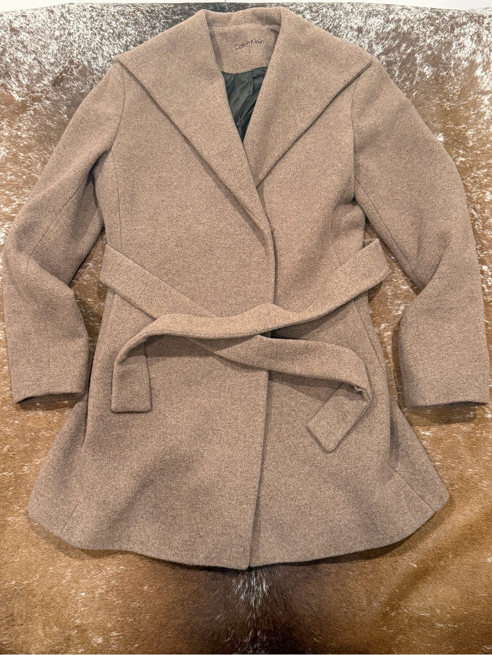 Calvin Klein Wool Blend Belted Wrap Coat Size 2 Taupe
